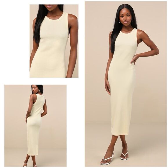 Lulu's Dresses & Skirts - Lulus Majorly Trendy Dress Women's XS Light Yellow Midi Ribbed Bodycon NWT